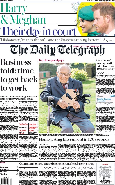 The Daily Telegraph Newspaper Front Page (UK) for 25 April 2020