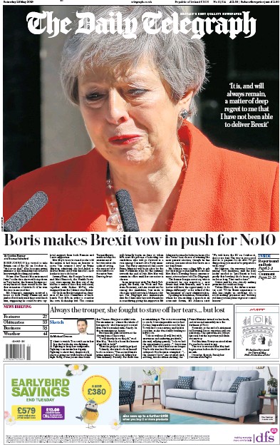 The Daily Telegraph Newspaper Front Page (UK) for 25 May 2019