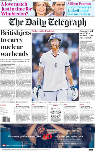 The Daily Telegraph Newspaper Front Page (UK) for 25 June 2025
