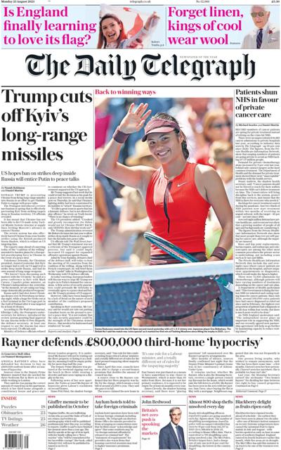 The Daily Telegraph Newspaper Front Page (UK) for 25 August 2025