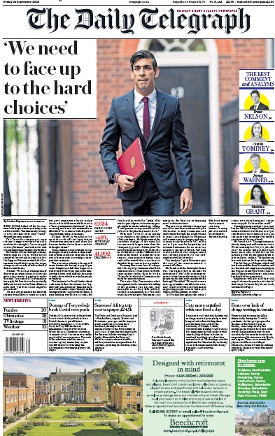 The Daily Telegraph Newspaper Front Page (UK) for 25 September 2020