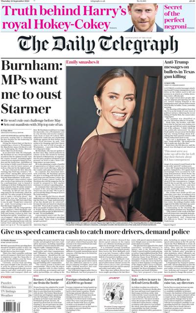 The Daily Telegraph Newspaper Front Page (UK) for 25 September 2025