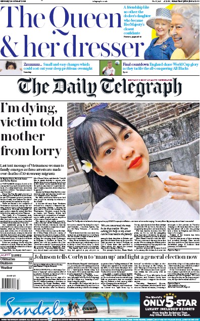 The Daily Telegraph Newspaper Front Page (UK) for 26 October 2019