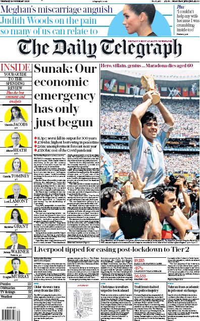 The Daily Telegraph Newspaper Front Page (UK) for 26 November 2020