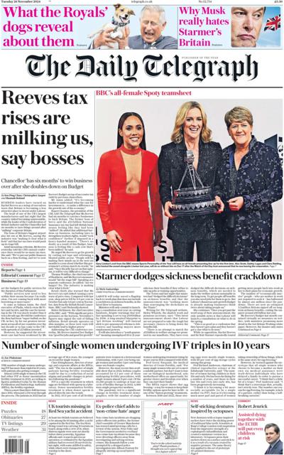 The Daily Telegraph Newspaper Front Page (UK) for 26 November 2024