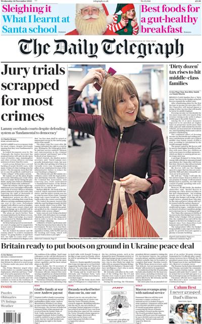 The Daily Telegraph Newspaper Front Page (UK) for 26 November 2025