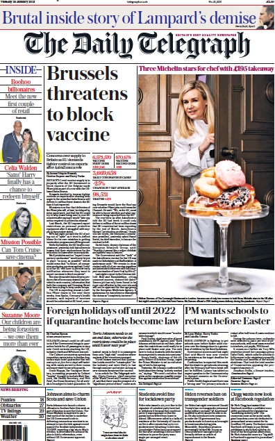 The Daily Telegraph Newspaper Front Page (UK) for 26 January 2021