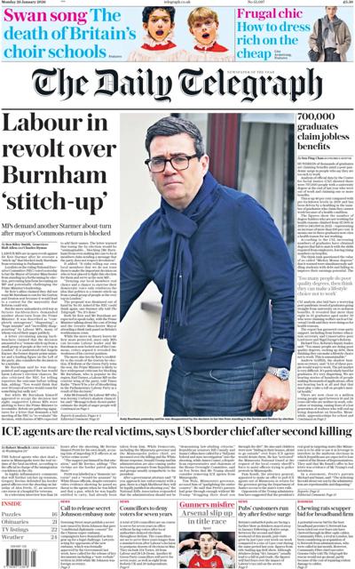 The Daily Telegraph Newspaper Front Page (UK) for 26 January 2026