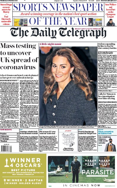 The Daily Telegraph Newspaper Front Page (UK) for 26 February 2020