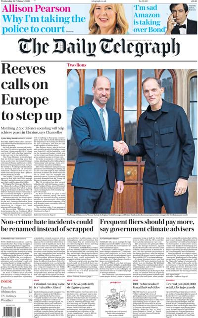 The Daily Telegraph Newspaper Front Page (UK) for 26 February 2025