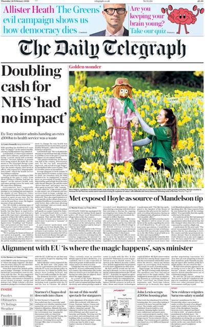 The Daily Telegraph Newspaper Front Page (UK) for 26 February 2026