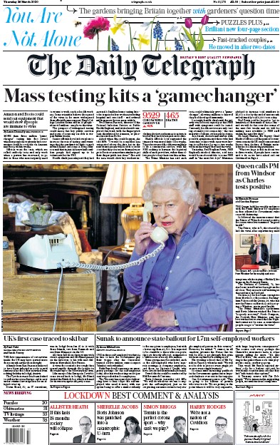 The Daily Telegraph Newspaper Front Page (UK) for 26 March 2020