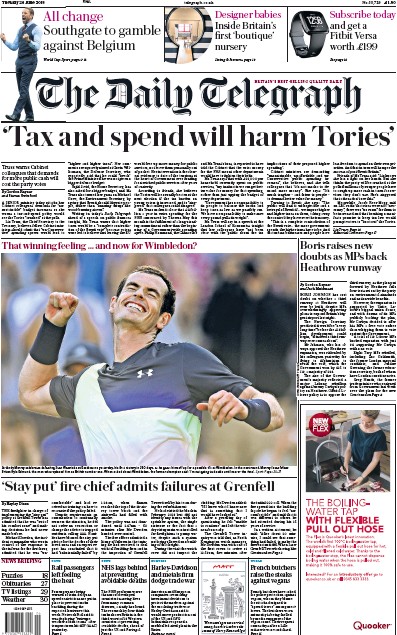 The Daily Telegraph Newspaper Front Page (UK) for 26 June 2018