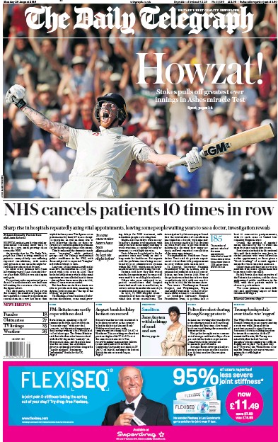 The Daily Telegraph Newspaper Front Page (UK) for 26 August 2019