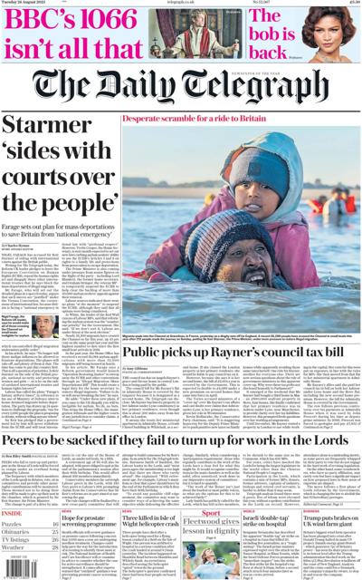 The Daily Telegraph Newspaper Front Page (UK) for 26 August 2025