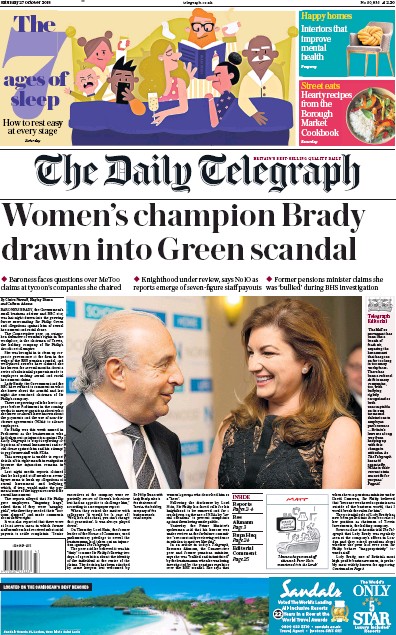 The Daily Telegraph Newspaper Front Page (UK) for 27 October 2018