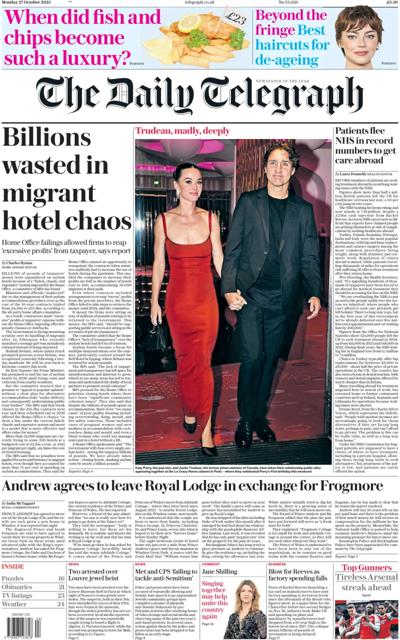 The Daily Telegraph Newspaper Front Page (UK) for 27 October 2025