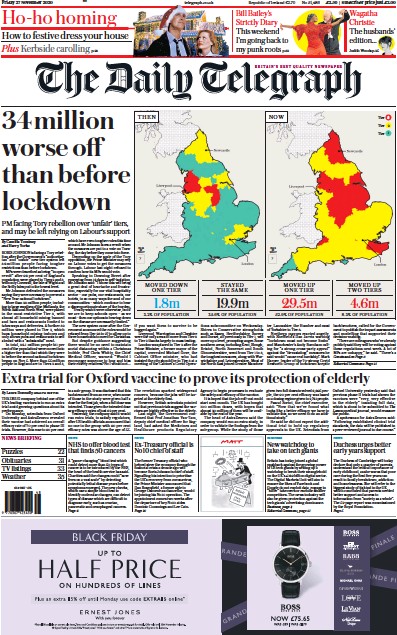 The Daily Telegraph Newspaper Front Page (UK) for 27 November 2020