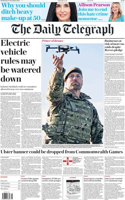 The Daily Telegraph Newspaper Front Page (UK) for 27 November 2024