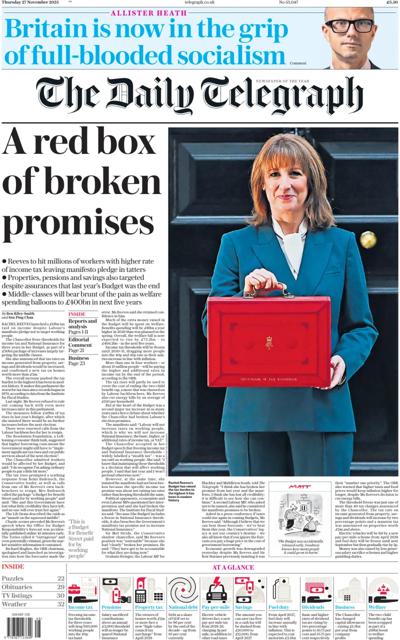 The Daily Telegraph Newspaper Front Page (UK) for 27 November 2025