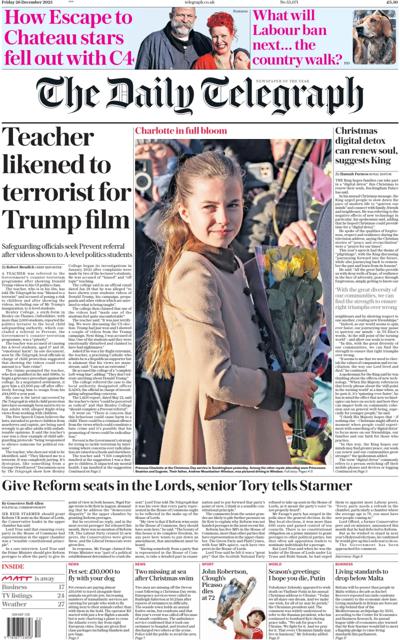 The Daily Telegraph Newspaper Front Page (UK) for 27 December 2025