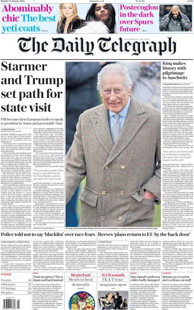 The Daily Telegraph Newspaper Front Page (UK) for 27 January 2025