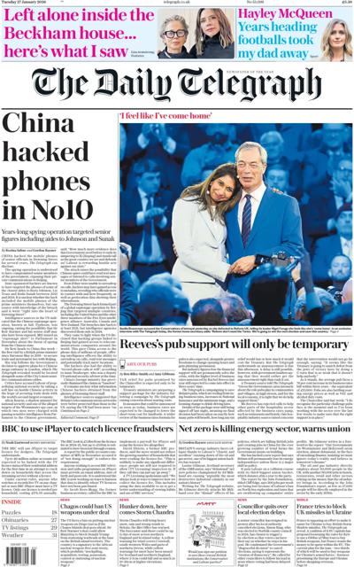 The Daily Telegraph Newspaper Front Page (UK) for 27 January 2026