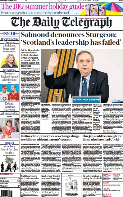 The Daily Telegraph Newspaper Front Page (UK) for 27 February 2021