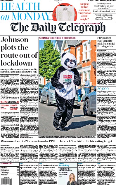 The Daily Telegraph Newspaper Front Page (UK) for 27 April 2020