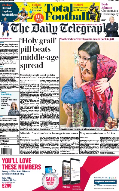 The Daily Telegraph Newspaper Front Page (UK) for 27 August 2018