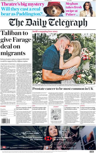 The Daily Telegraph Newspaper Front Page (UK) for 27 August 2025