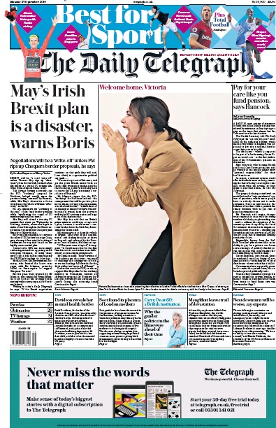 The Daily Telegraph Newspaper Front Page (UK) for 27 September 2018