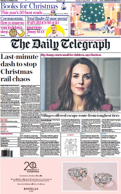 The Daily Telegraph Newspaper Front Page (UK) for 28 November 2020