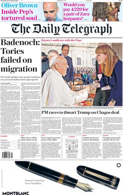 The Daily Telegraph Newspaper Front Page (UK) for 28 November 2024