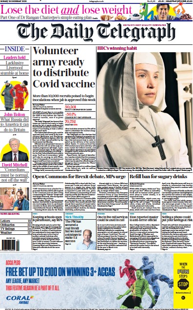 The Daily Telegraph Newspaper Front Page (UK) for 28 December 2020