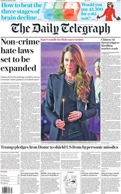 The Daily Telegraph Newspaper Front Page (UK) for 28 January 2025