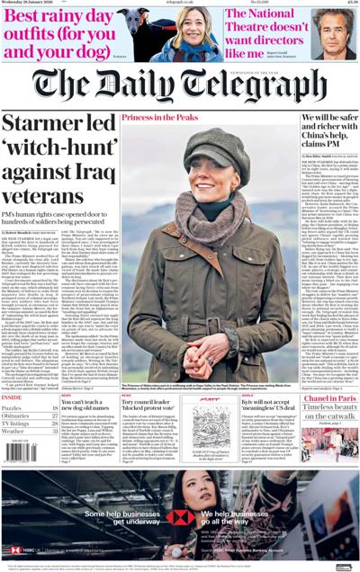 The Daily Telegraph Newspaper Front Page (UK) for 28 January 2026