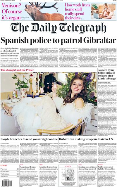 The Daily Telegraph Newspaper Front Page (UK) for 28 February 2026