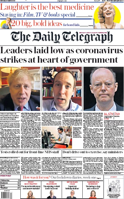 The Daily Telegraph Newspaper Front Page (UK) for 28 March 2020