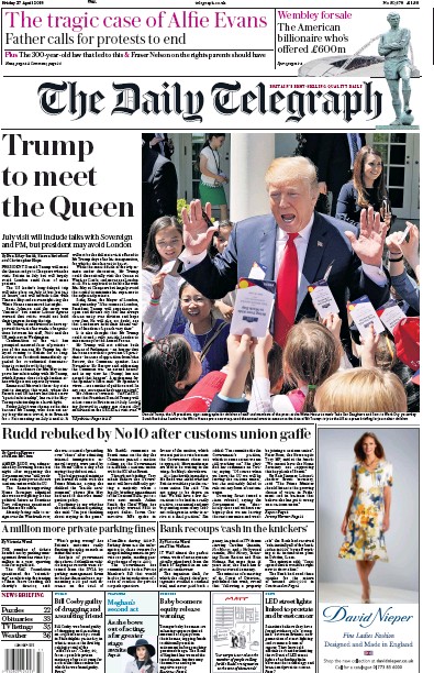 The Daily Telegraph Newspaper Front Page (UK) for 28 April 2018