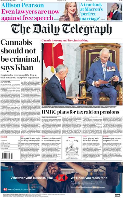 The Daily Telegraph Newspaper Front Page (UK) for 28 May 2025