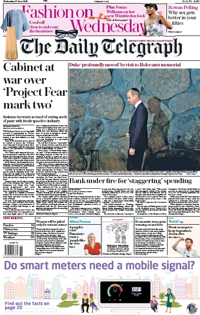 The Daily Telegraph Newspaper Front Page (UK) for 28 June 2018