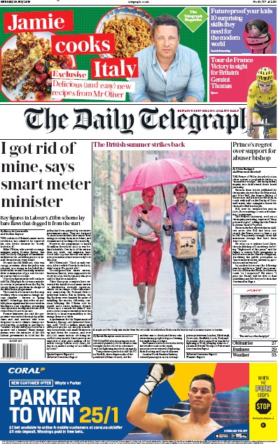 The Daily Telegraph Newspaper Front Page (UK) for 28 July 2018