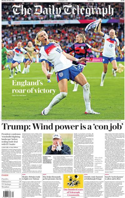 The Daily Telegraph Newspaper Front Page (UK) for 28 July 2025