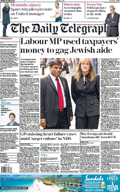 The Daily Telegraph Newspaper Front Page (UK) for 28 August 2018