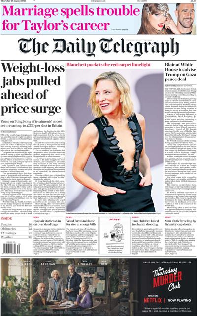 The Daily Telegraph Newspaper Front Page (UK) for 28 August 2025