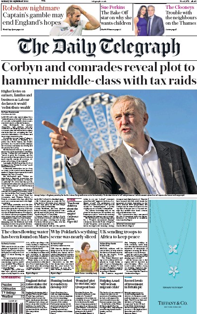 The Daily Telegraph Newspaper Front Page (UK) for 28 September 2015