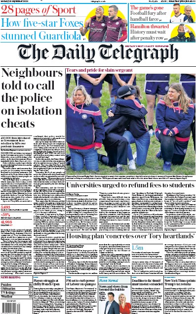 The Daily Telegraph Newspaper Front Page (UK) for 28 September 2020