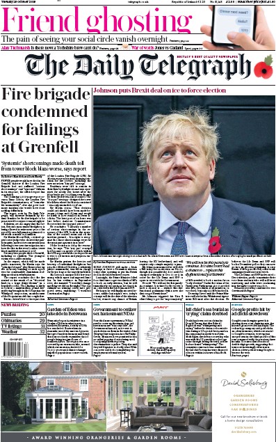 The Daily Telegraph Newspaper Front Page (UK) for 29 October 2019