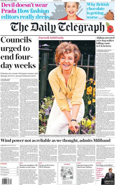 The Daily Telegraph Newspaper Front Page (UK) for 29 October 2025